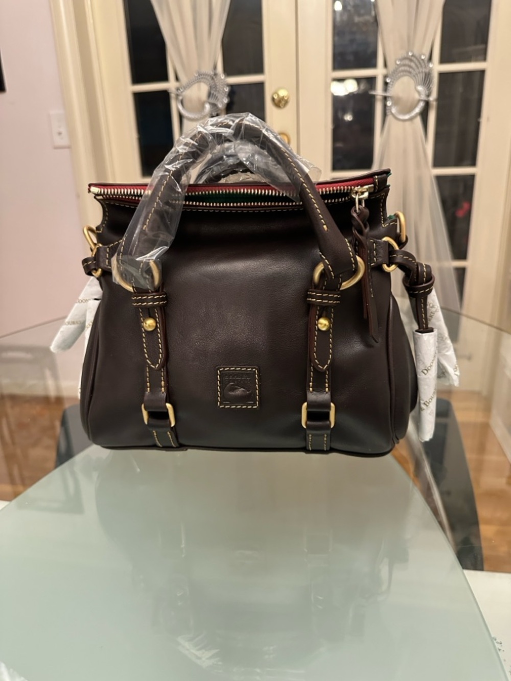 Dooney & Bourke Dark Brown Leather Structured Crossbody Satchel